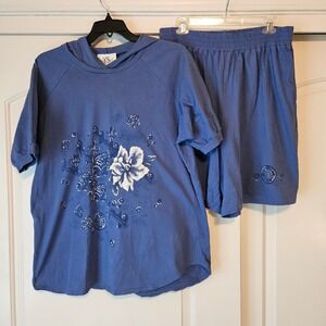 YS Studio Vintage Blue Top Shorts Set 2X Cotton Summer Comfy Floral Resortwear